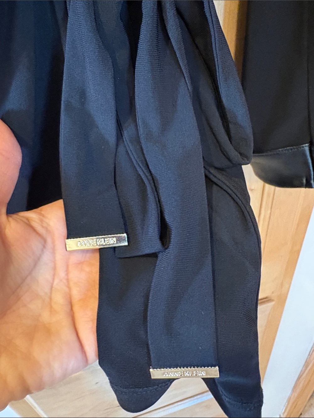 Anne Klein Black Faux-Leather Trim Wrap Blouse - Picture 4 of 4